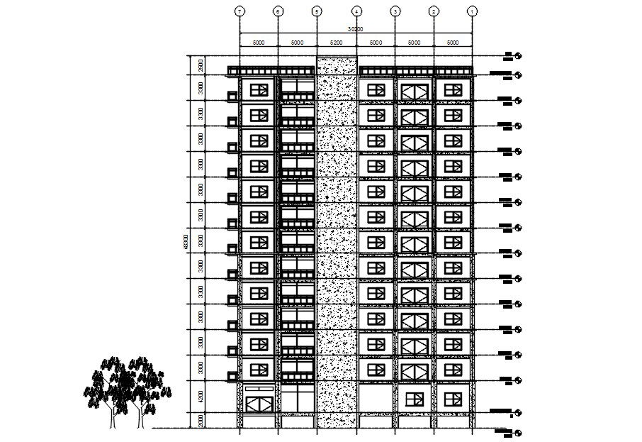 Side elevation of multistorey building in AutoCAD 2D drawing, dwg file, CAD file