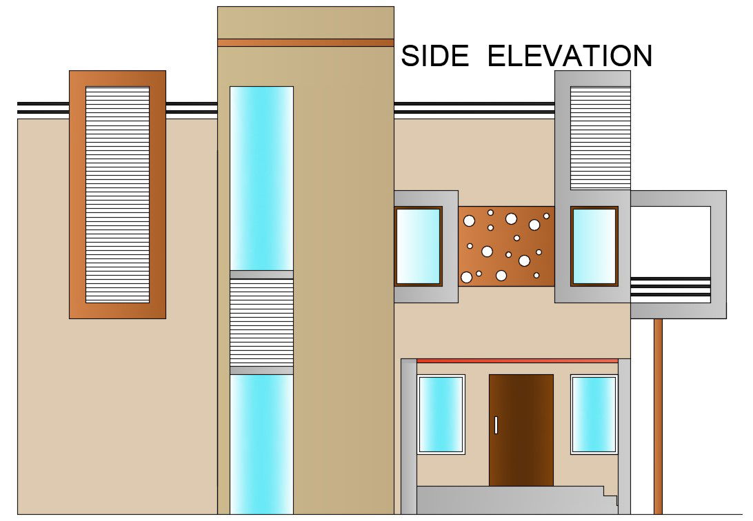 Side elevation view 45’x31’ house building is given in this Autocad drawing file. Download now.
