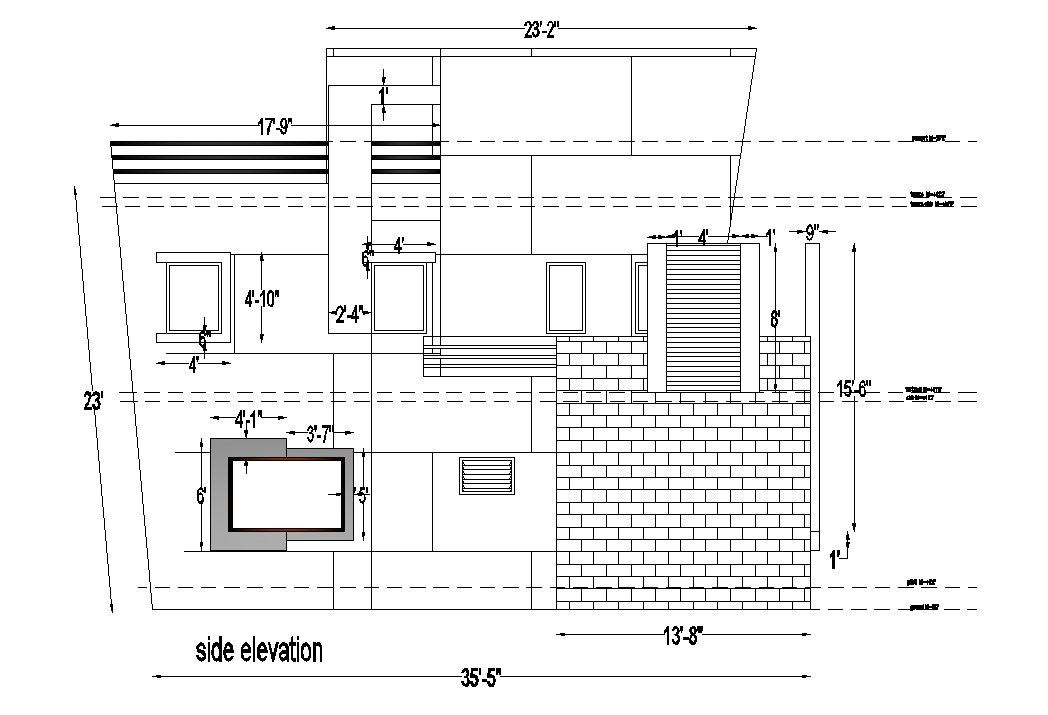 Side elevation view of 40’x36’ house building has been given in this AutoCAD drawing model. Download the Autocad model.