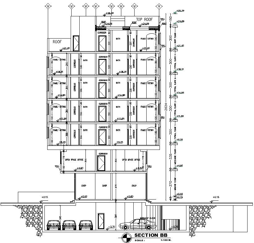 Side sectional elevation of a house building in AutoCAD, dwg file.
