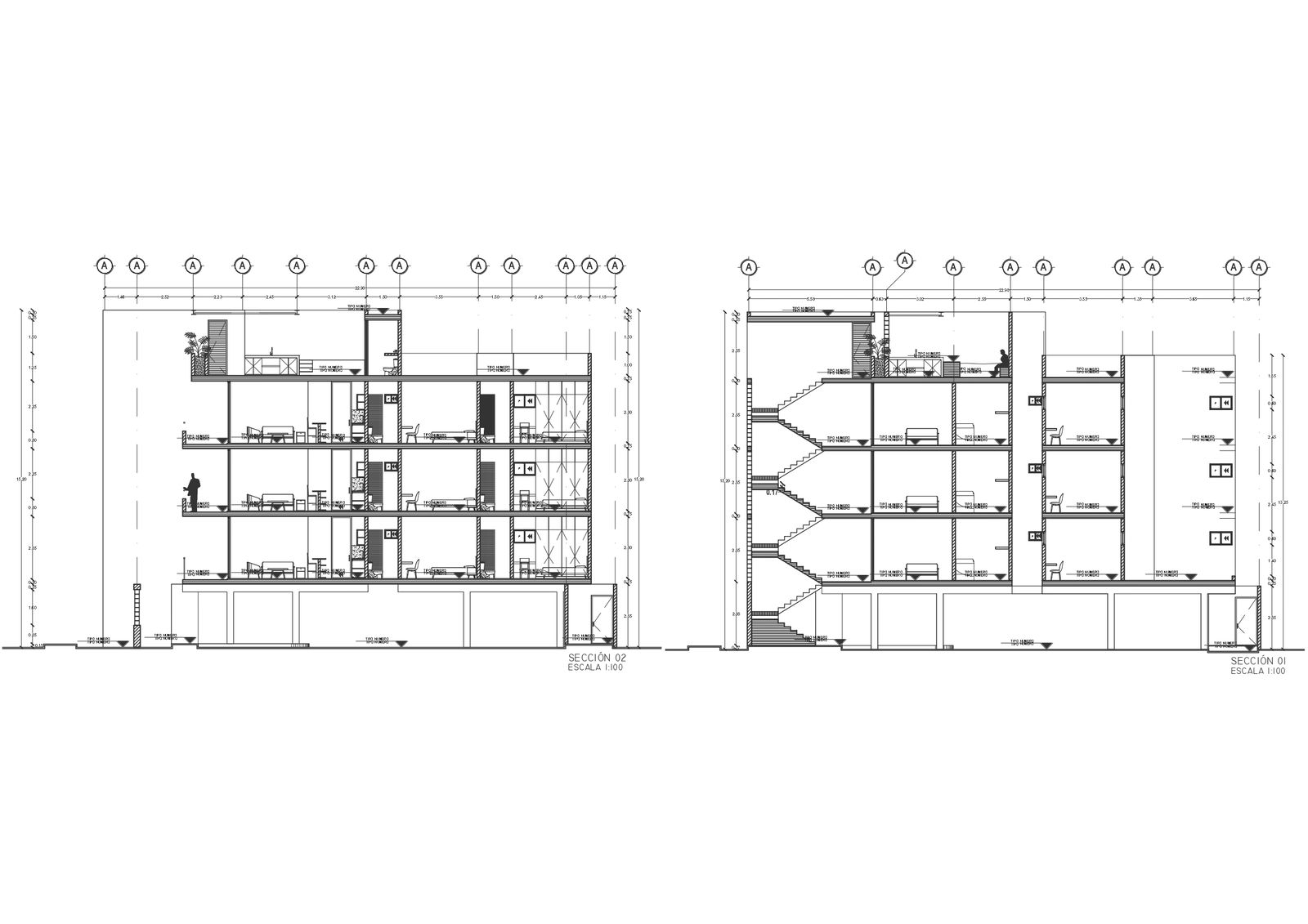 Side section and hotel design with dimension and labeling dwg autocad drawing.