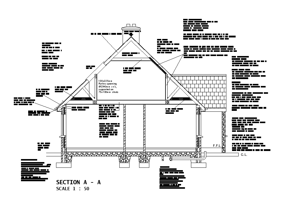 Side section detail of bungalow separated in this cad drawing file. Download the AutoCAD drawing file.