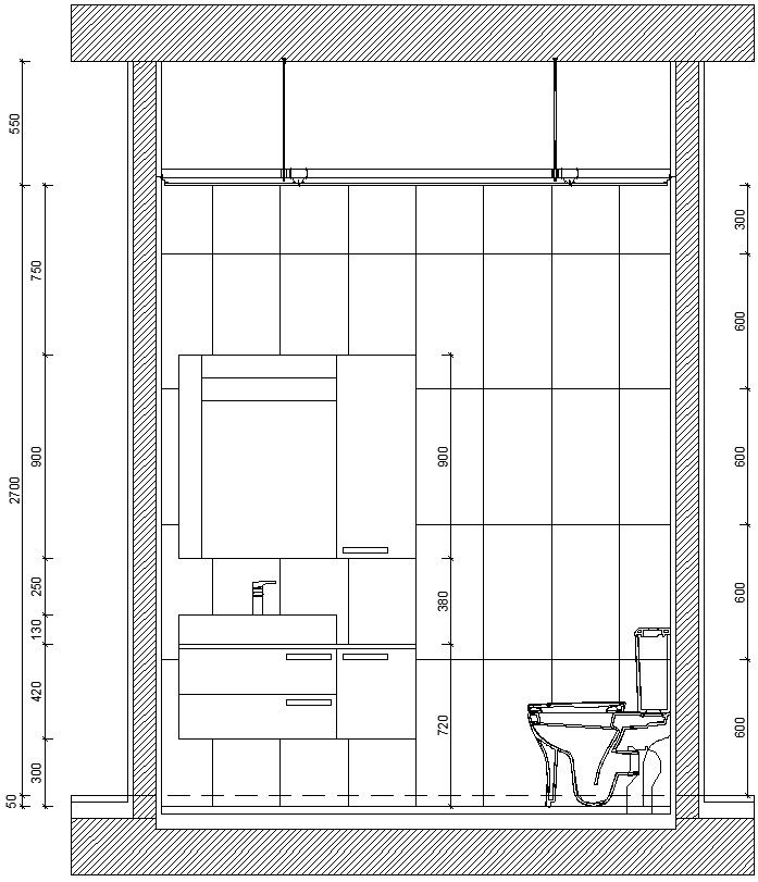 Side section of a bathroom in AutoCAD, Dwg file.