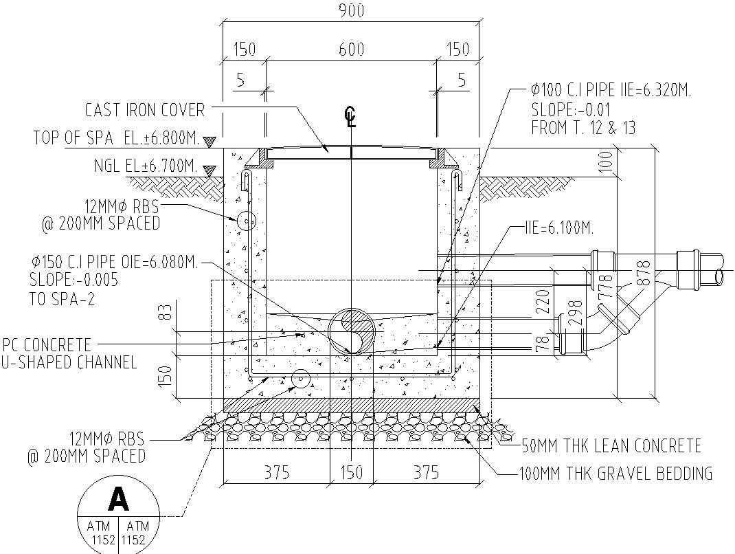 Side section of manhole with detail AutoCAD drawing