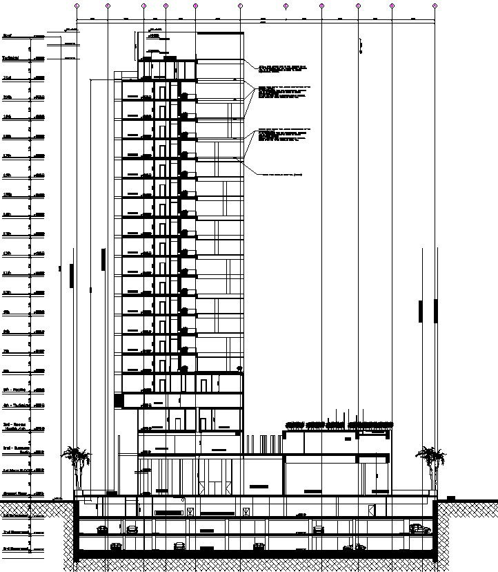 Side section of multistory building in detail AutoCAD drawing
