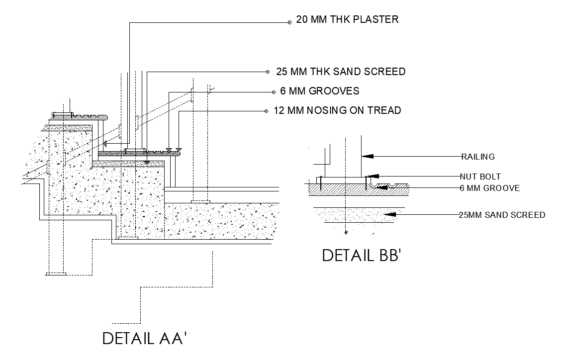 Side section view of 13x15m house plan of staircase structure is given in this AutoCAD model. Download now.
