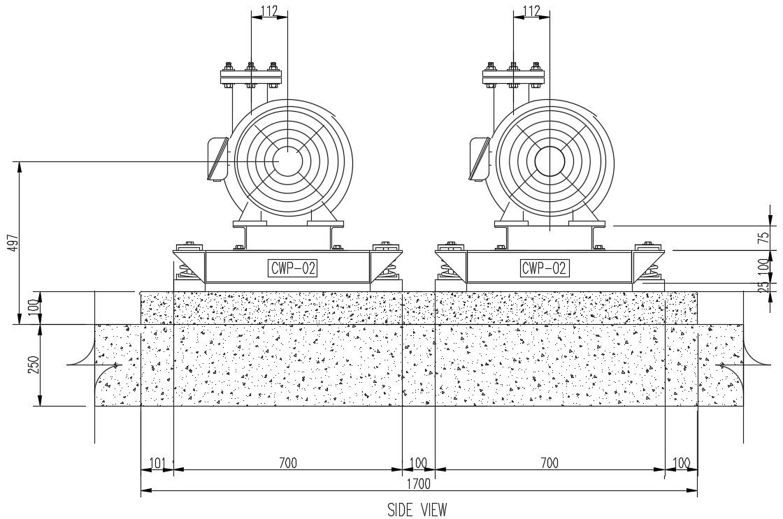 Side view of Centrifugal pump elevation detail drawing provided in this AutoCAD file. Download the Autocad file.