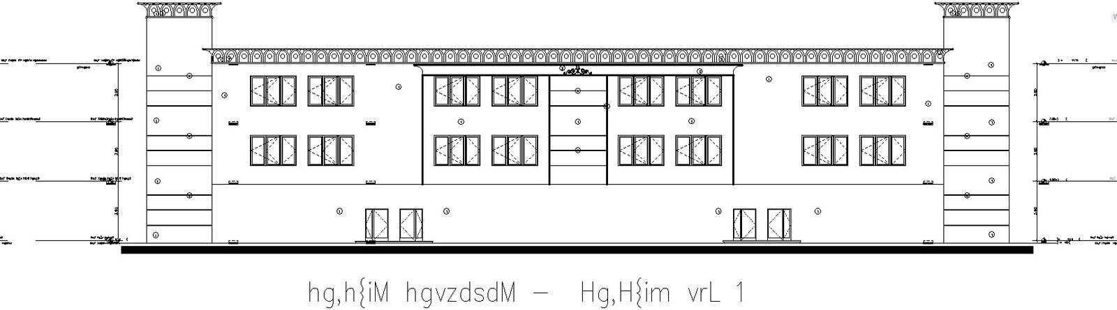 Side view of commercial building with detail AutoCAD drawing