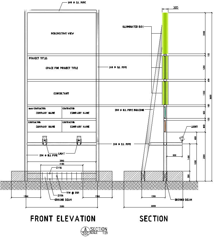 Sign board front elevation and section Detail in AutoCAD, Dwg files.