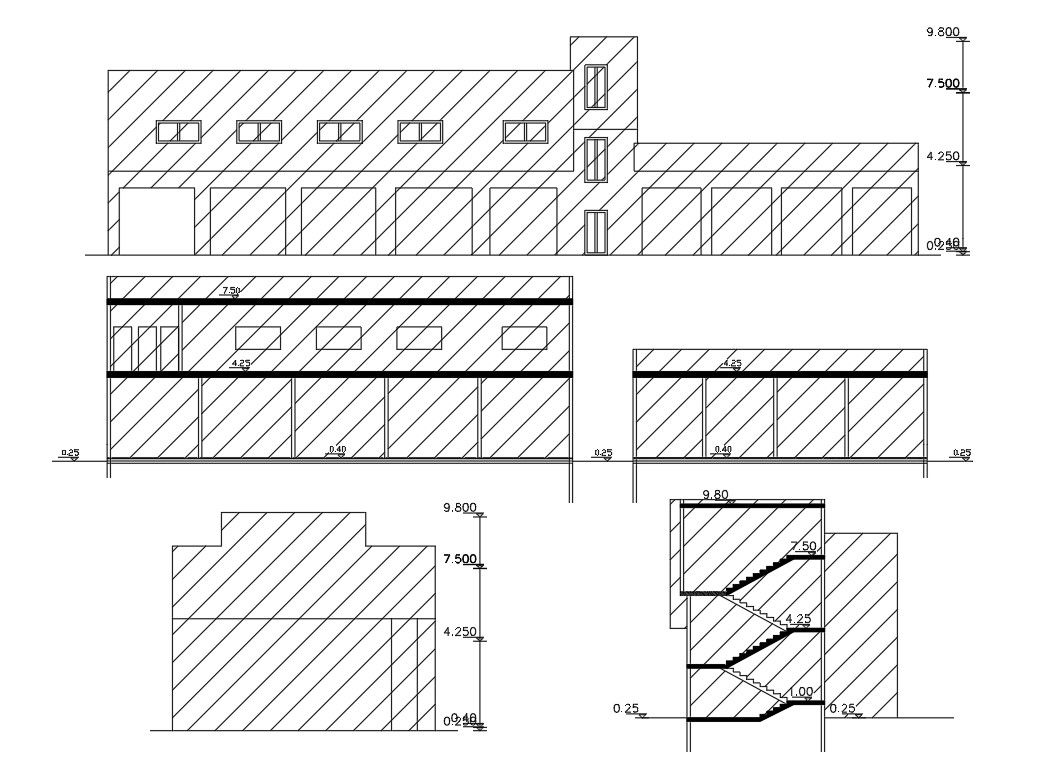 Simple Building Elevations And Sections Design DWG File