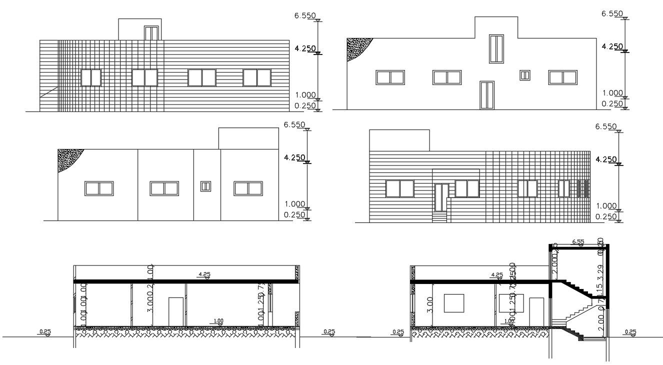Simple Four Side Elevations And Sections DWG File