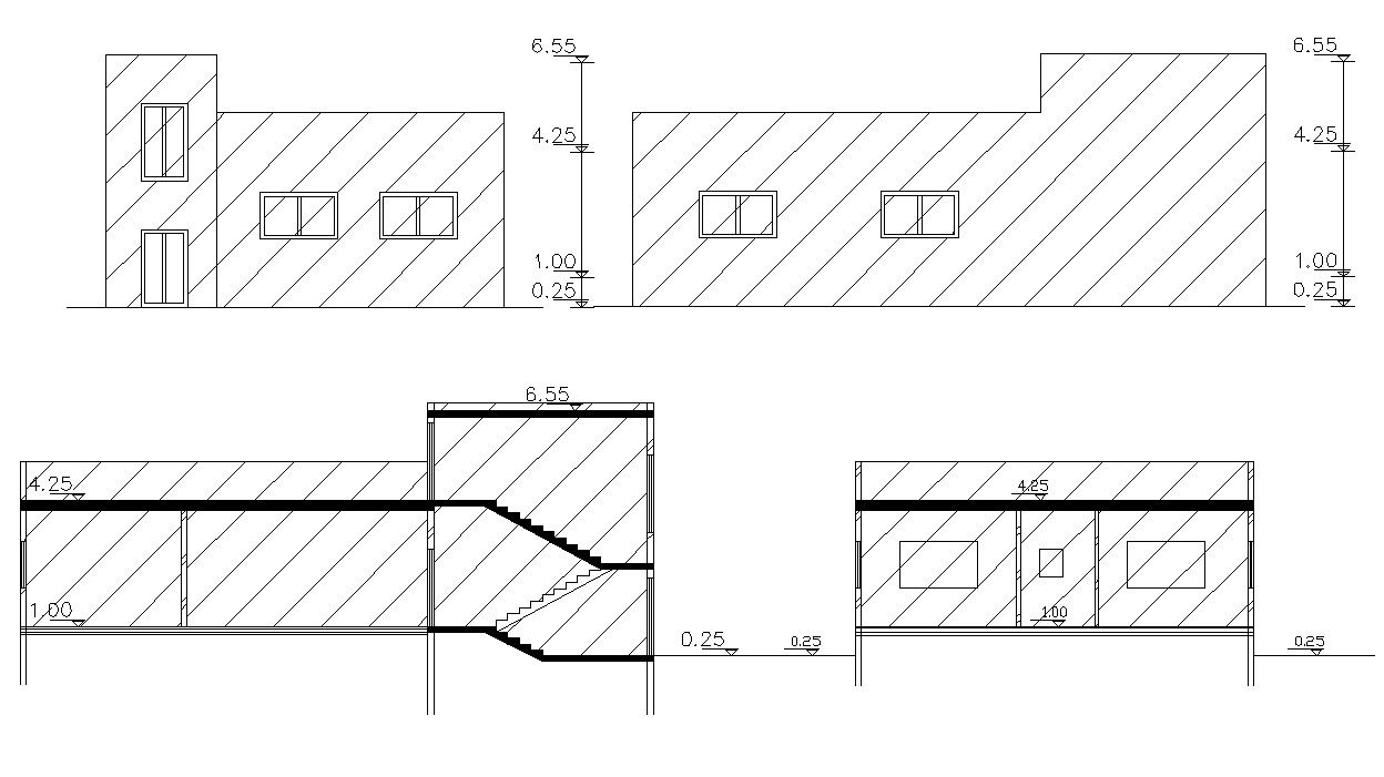 Simple Two Elevations And Sections Bungalow Drawing DWG File