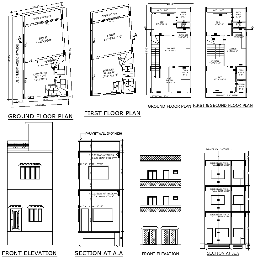 Simple home floor plan with elevation in DWG drawing