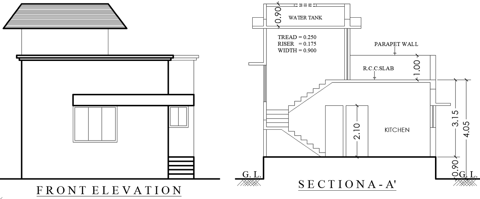 Simple House Front Elevation with Section Plan in DWG File
