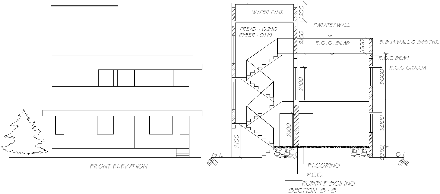 Simple House Elevation Plan with Stair Section in DWG File