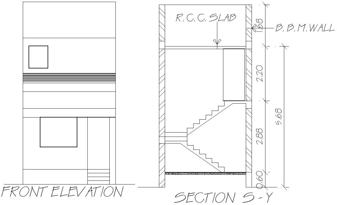 2D House Elevation and Staircase Section DWG Drawing