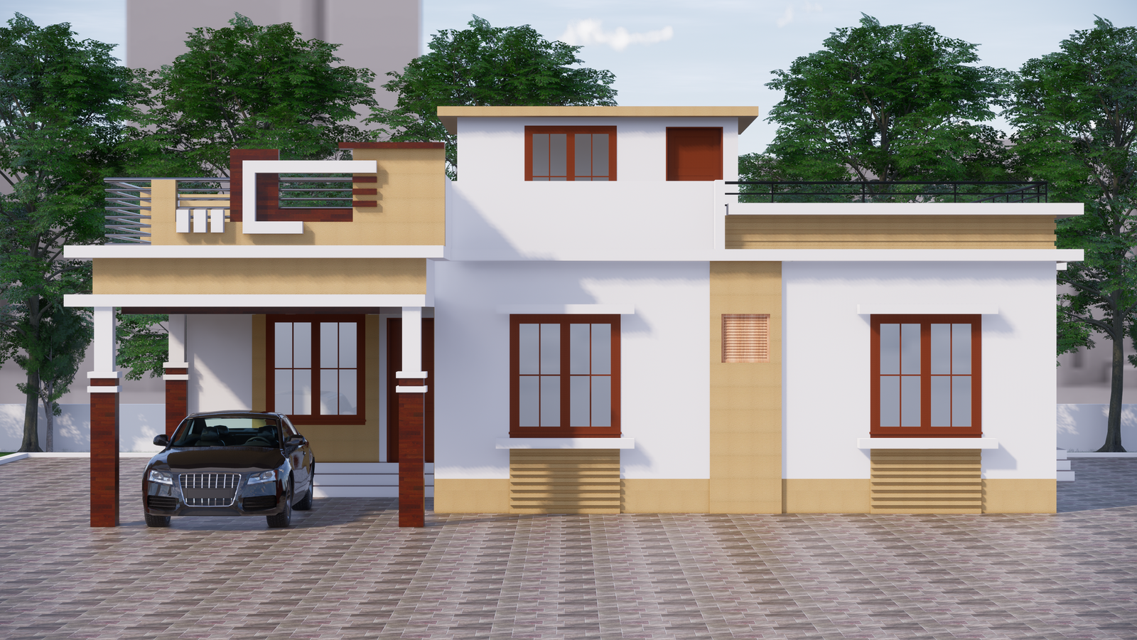Simple and neat modern Bungalow elevation design Revit file .Download this drawing Revit file .