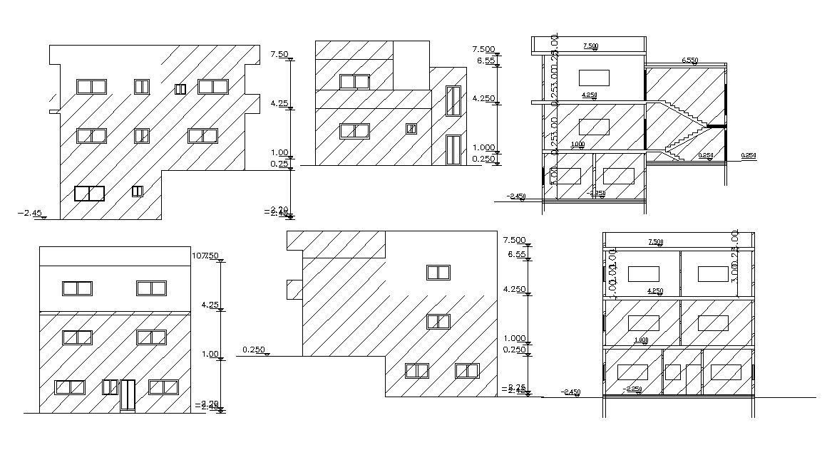 Simple elevations And Sections of Bungalow Design Cad Drawing
