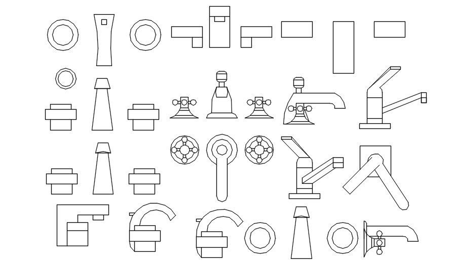 Simple faucet 2d cad blocks in AutoCAD, dwg file.