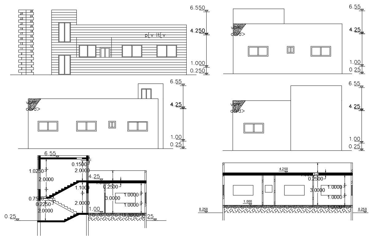 Single Floor Elevations With Sections Of Small House DWG File