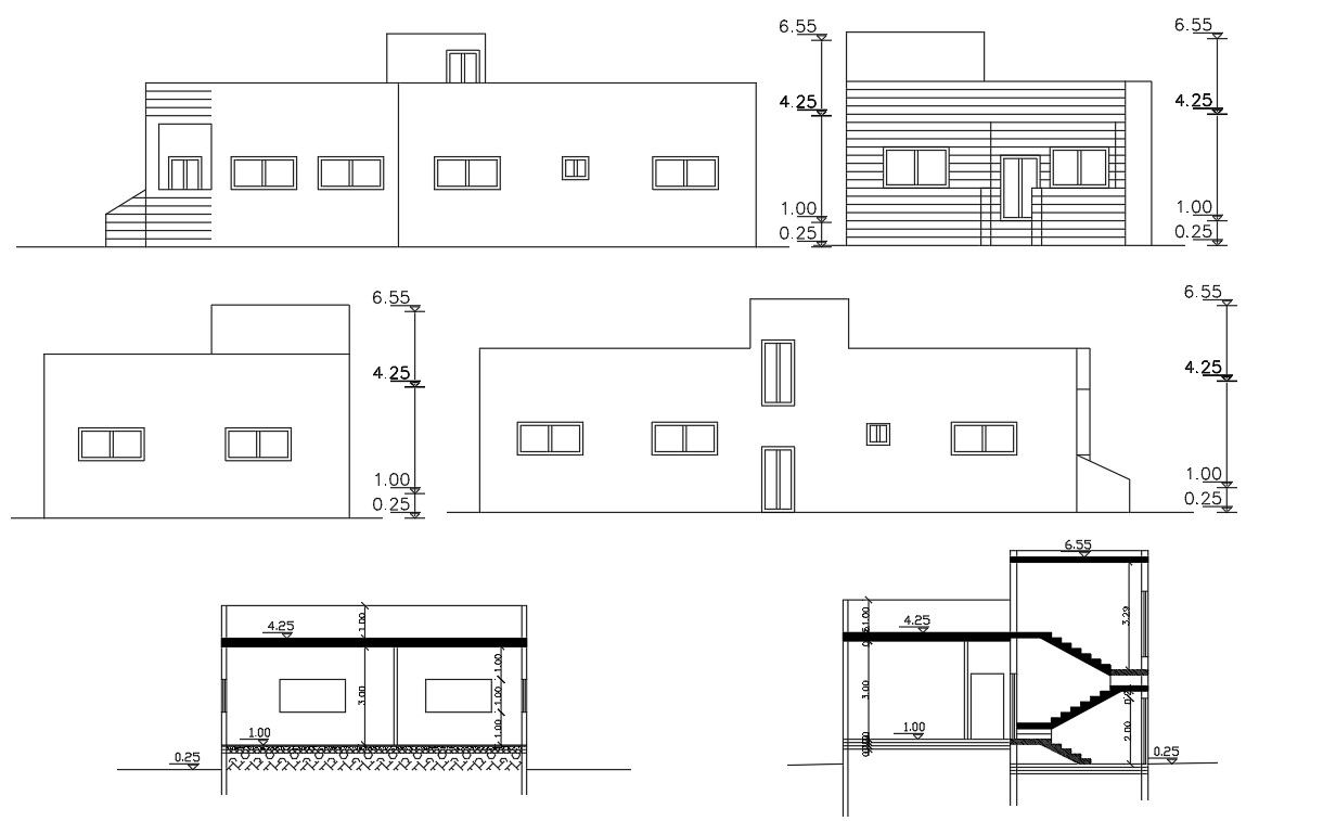 Single Floor House Elevations And Sections Architectural Drawing