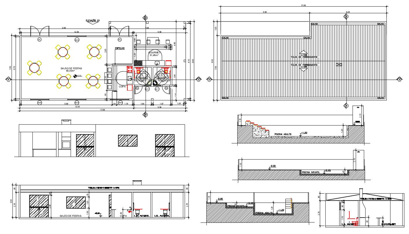 Single Storey Cafe Restaurant Design Plan elevation and Sectional CAD Drawing