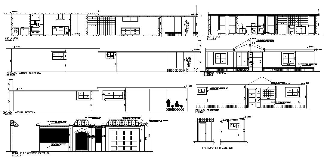 Single Storey House Design Elevation and Section CAD Drawing