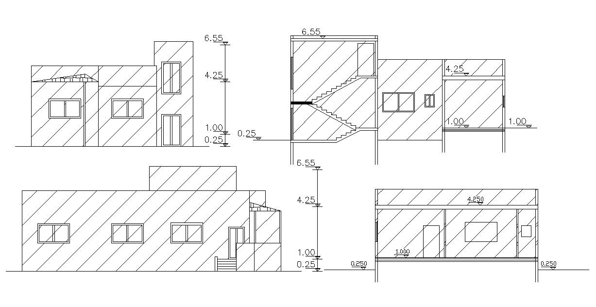 Single Story Bungalow Elevations And Sections DWG File