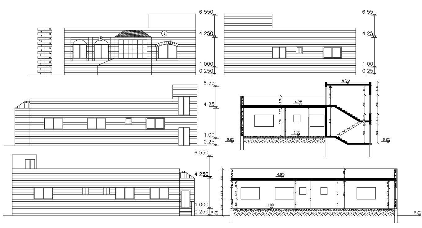 Single Story Residential House Elevations And Sections DWG