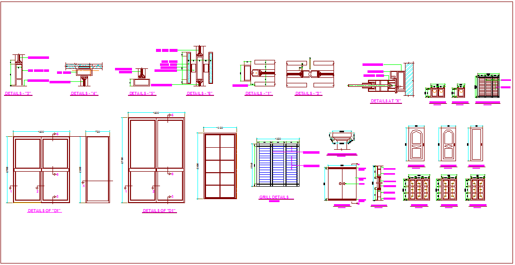 Single and double door design view with grill and detail view dwg file