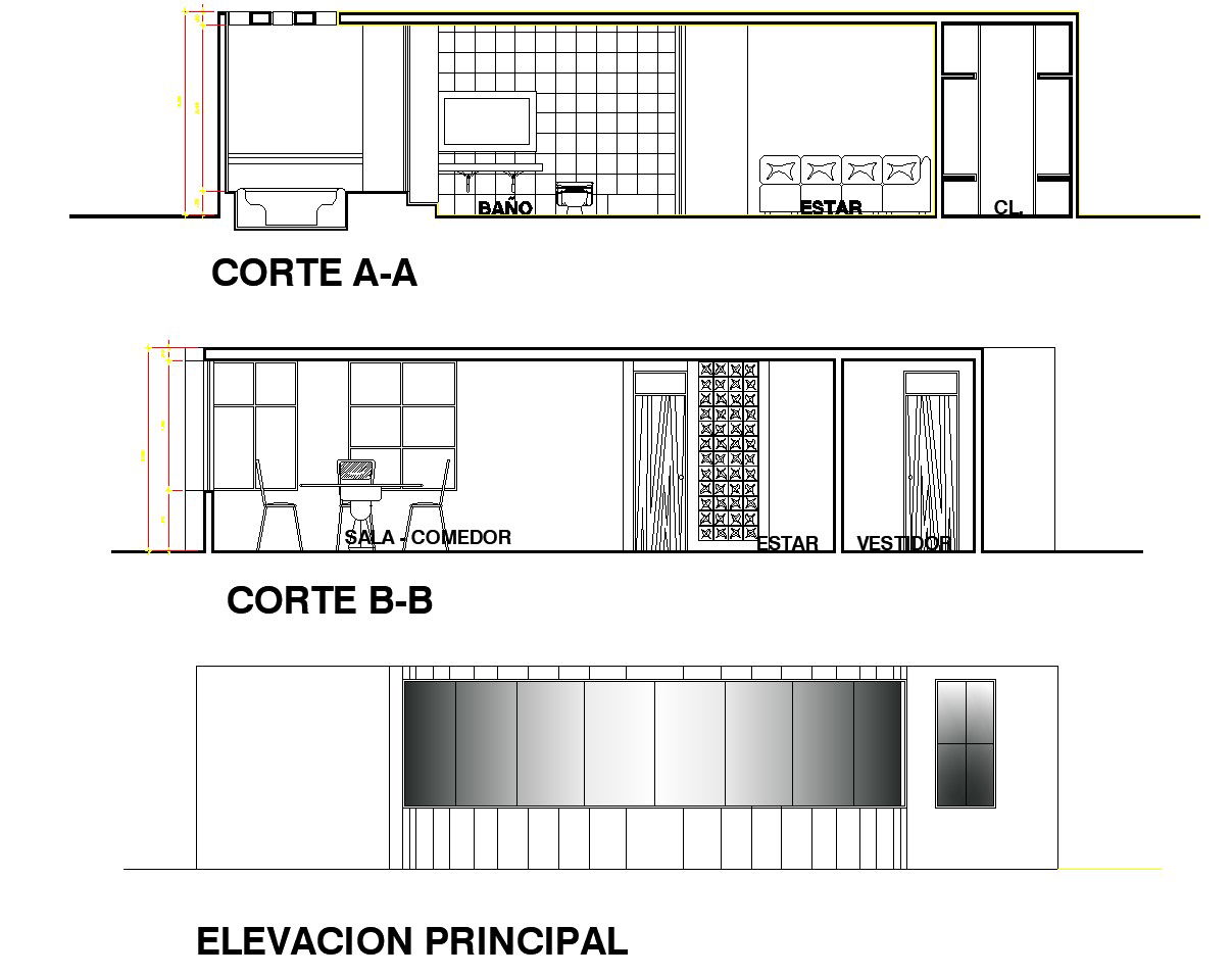 Single apartment elevation and plan autocad file