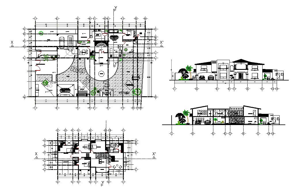 Single bedroom house elevation, section and distribution plan details dwg file