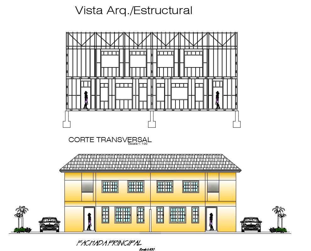 Single family House design 2d apartment elevation and section dwg file