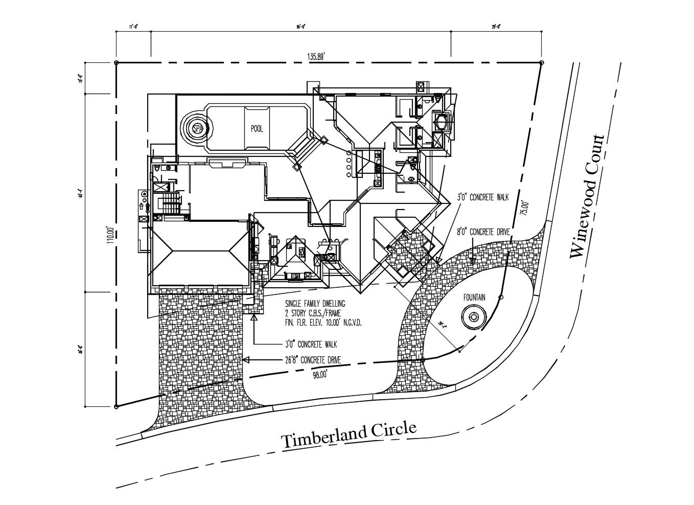 Single family house 135.89' x 110.0' with detail dimension in AutoCAD