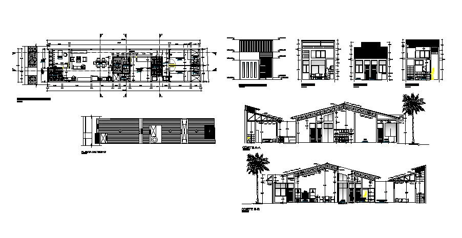 Single family house 22.45mtr x 5.10mtr with different elevation and section in dwg file
