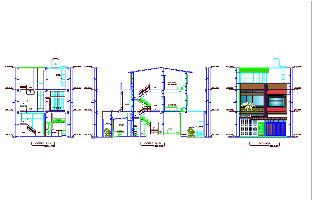 Single family house different axis section view and elevation dwg file