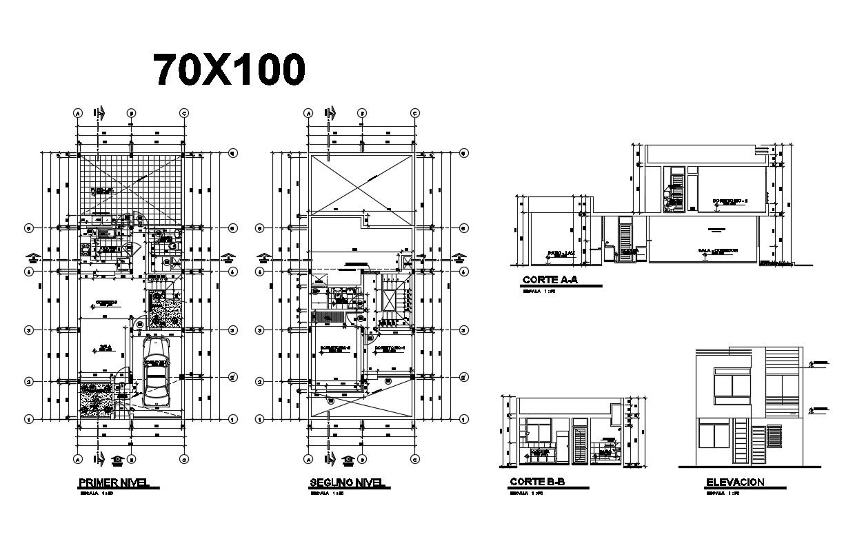 Single family house elevation, section, first and second floor plan details dwg file