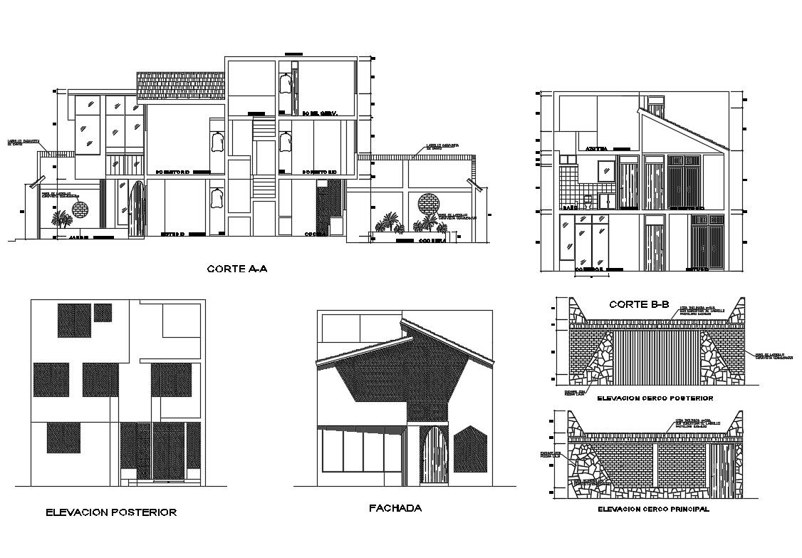 Single family house elevation, section and gate and fence details dwg file