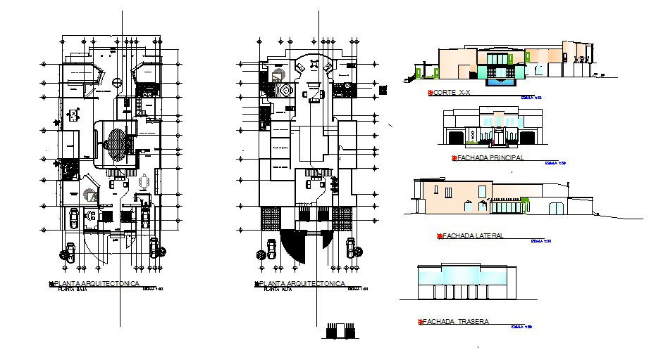 Single family house elevation, section and ground and first floor plan details dwg file