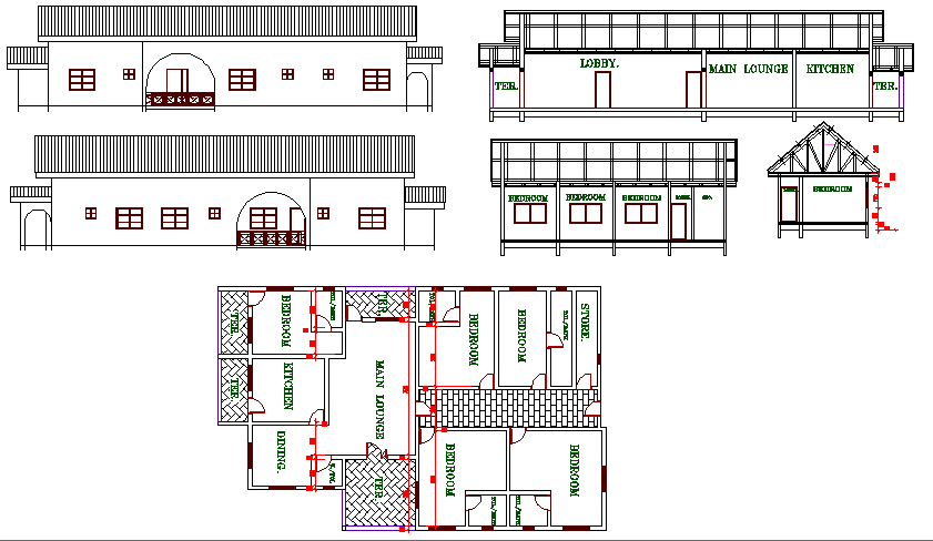 Single family house elevation, section and layout plan details dwg file