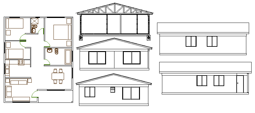 Single family house elevation and layout plan details dwg file