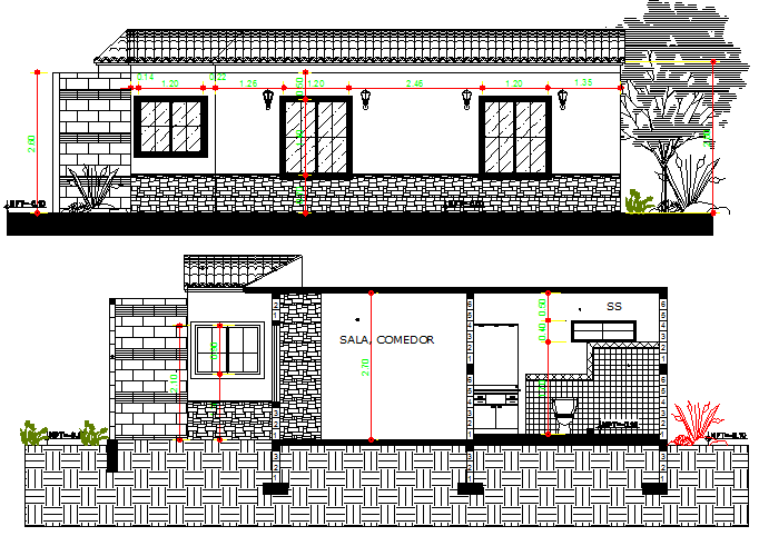 Single family house elevation and sectional details dwg file