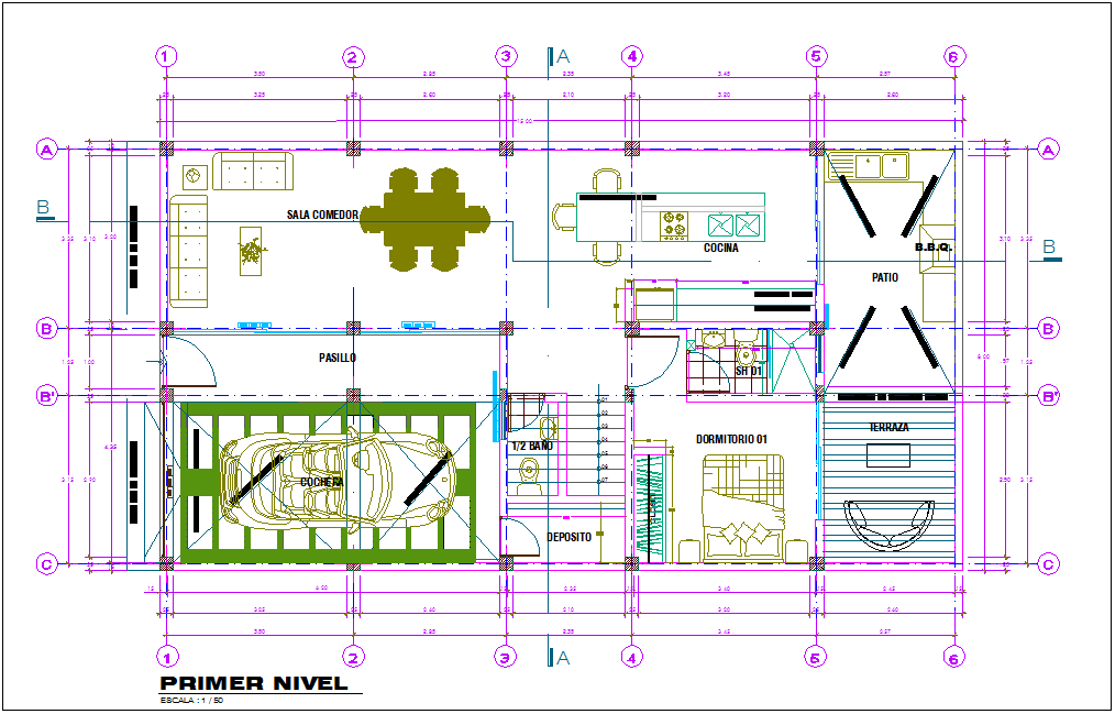 Single family house first floor plan with architecture view dwg file