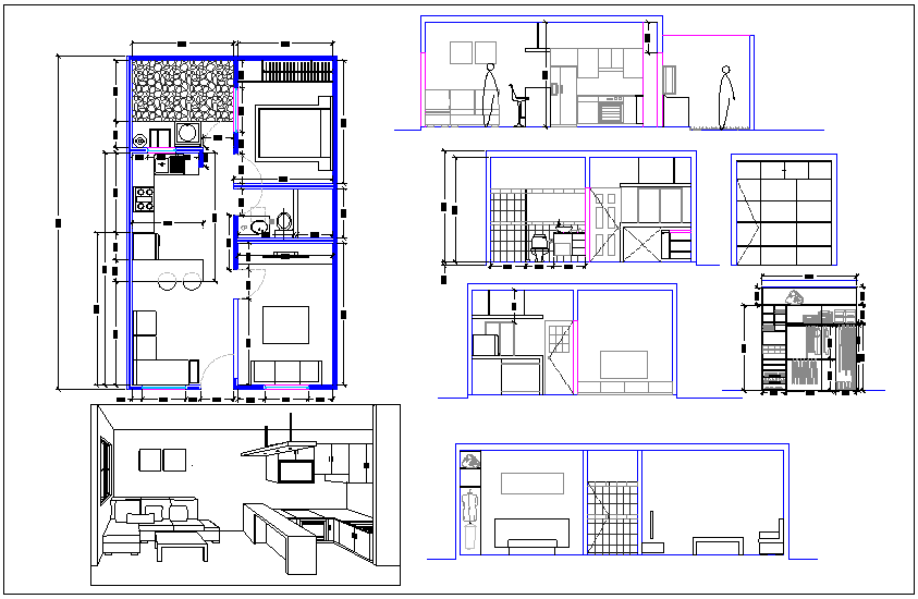 Single family house plan and elevation with interior view dwg file
