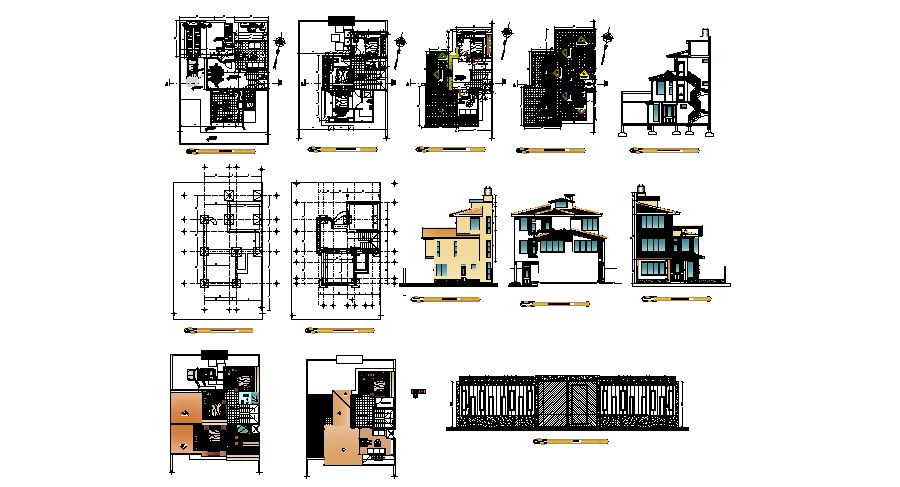 Single family house with section and elevation in dwg file