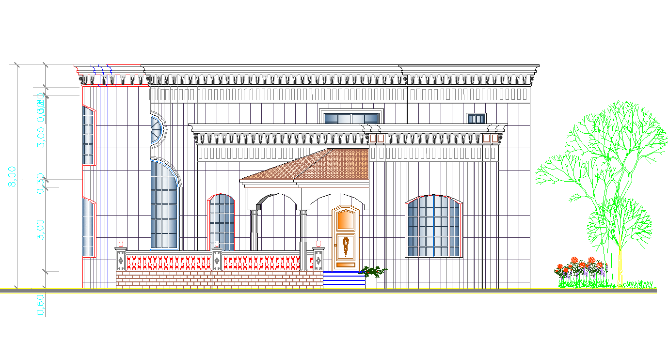 Single family modern bungalow front elevation details dwg file