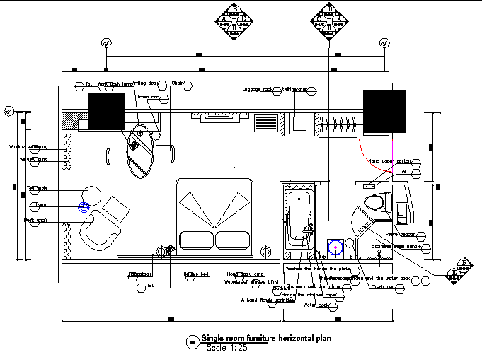 Single room furniture horizontal plan detail dwg file