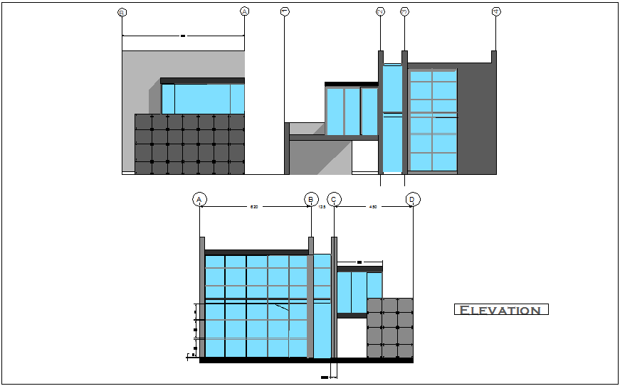 Single story apartment building elevation and different axis section view dwg file