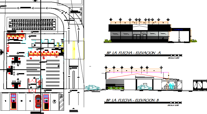 Single story bank branch elevation, section and floor plan dwg file