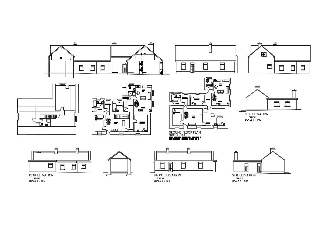 Single story house all sided elevation and ground floor plan details dwg file